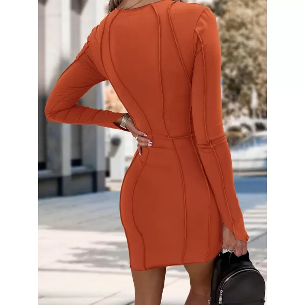 imagePRETTYGARDEN Womens 2023 Fall Bodycon Mini Dresses Casual Long Sleeve Solid Color Short Tight Ladies Party Club Fashion DressOrange