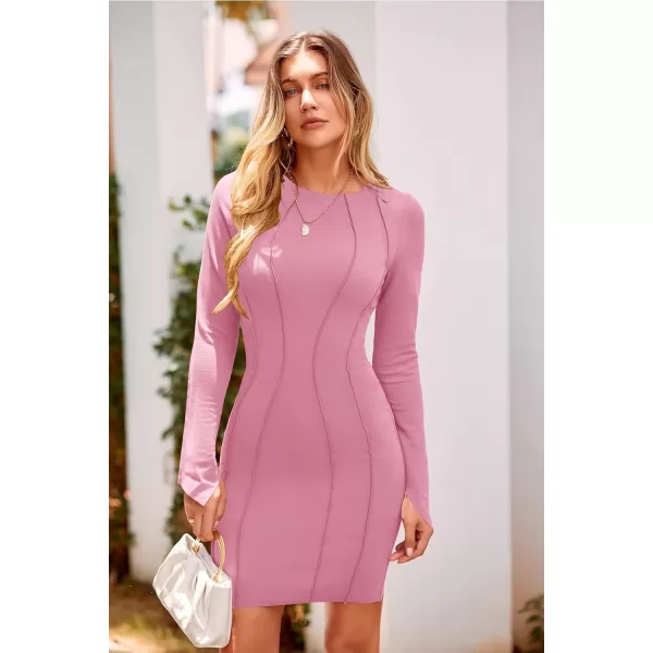 imagePRETTYGARDEN Womens 2023 Fall Bodycon Mini Dresses Casual Long Sleeve Solid Color Short Tight Ladies Party Club Fashion DressPink