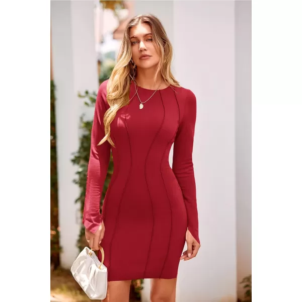 imagePRETTYGARDEN Womens 2023 Fall Bodycon Mini Dresses Casual Long Sleeve Solid Color Short Tight Ladies Party Club Fashion DressRed