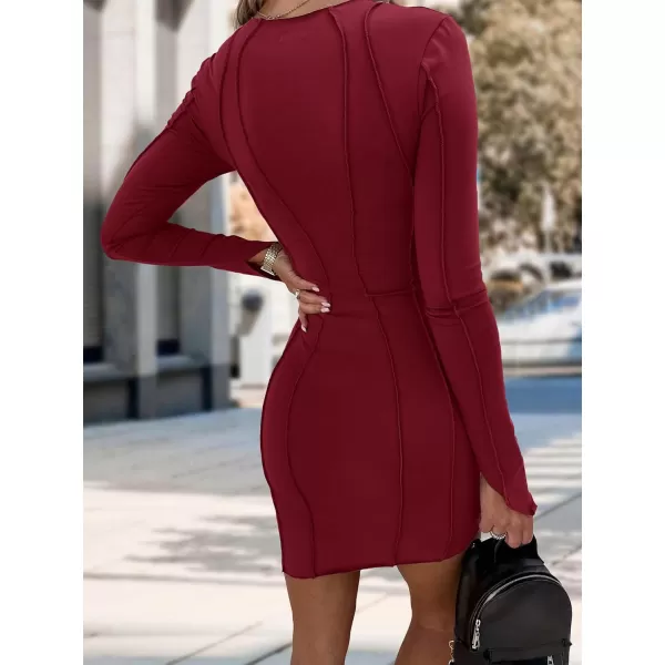 imagePRETTYGARDEN Womens 2023 Fall Bodycon Mini Dresses Casual Long Sleeve Solid Color Short Tight Ladies Party Club Fashion DressWine Red