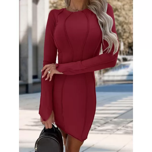 imagePRETTYGARDEN Womens 2023 Fall Bodycon Mini Dresses Casual Long Sleeve Solid Color Short Tight Ladies Party Club Fashion DressWine Red