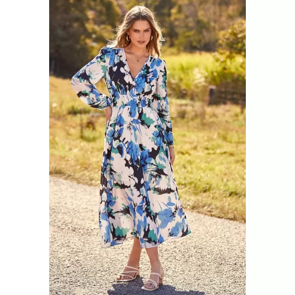 imagePRETTYGARDEN Womens 2023 Fall Boho Maxi Dress Casual Long Sleeve V Neck Printed Beach Long Flowy DressesBlack Blue Floral