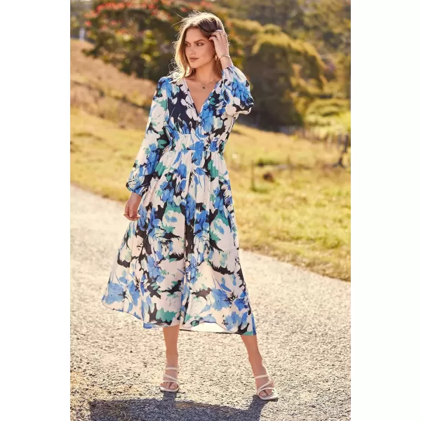 imagePRETTYGARDEN Womens 2023 Fall Boho Maxi Dress Casual Long Sleeve V Neck Printed Beach Long Flowy DressesBlack Blue Floral