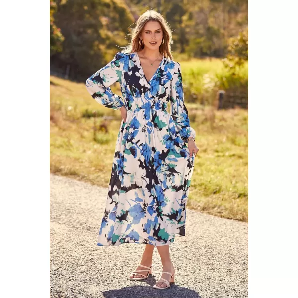 imagePRETTYGARDEN Womens 2023 Fall Boho Maxi Dress Casual Long Sleeve V Neck Printed Beach Long Flowy DressesBlack Blue Floral