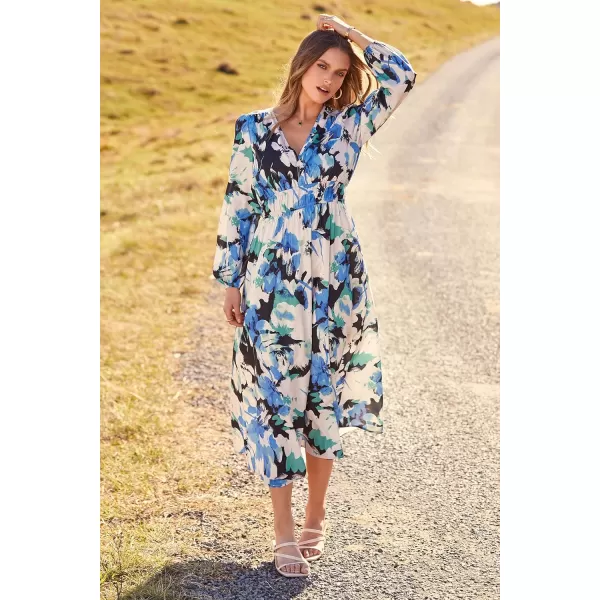 imagePRETTYGARDEN Womens 2023 Fall Boho Maxi Dress Casual Long Sleeve V Neck Printed Beach Long Flowy DressesBlack Blue Floral