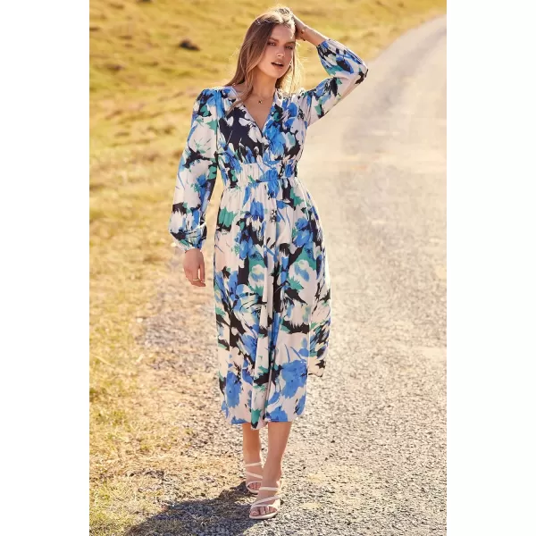 imagePRETTYGARDEN Womens 2023 Fall Boho Maxi Dress Casual Long Sleeve V Neck Printed Beach Long Flowy DressesBlack Blue Floral