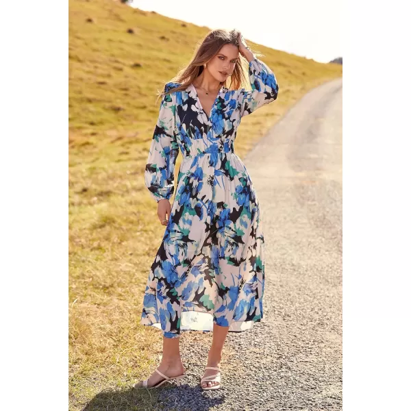 imagePRETTYGARDEN Womens 2023 Fall Boho Maxi Dress Casual Long Sleeve V Neck Printed Beach Long Flowy DressesBlack Blue Floral