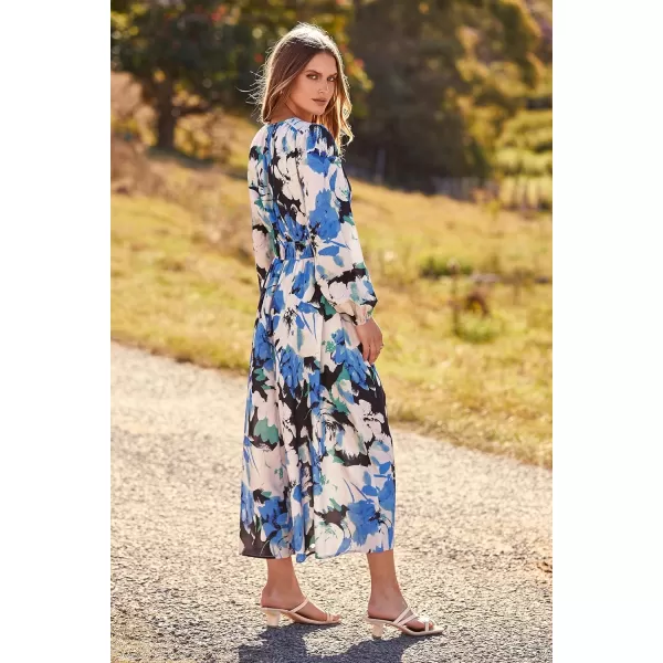 imagePRETTYGARDEN Womens 2023 Fall Boho Maxi Dress Casual Long Sleeve V Neck Printed Beach Long Flowy DressesBlack Blue Floral