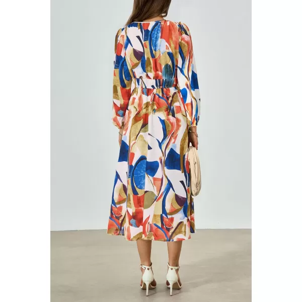 imagePRETTYGARDEN Womens 2023 Fall Boho Maxi Dress Casual Long Sleeve V Neck Printed Beach Long Flowy DressesBlue Watercolour
