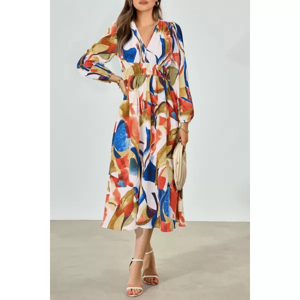 imagePRETTYGARDEN Womens 2023 Fall Boho Maxi Dress Casual Long Sleeve V Neck Printed Beach Long Flowy DressesBlue Watercolour