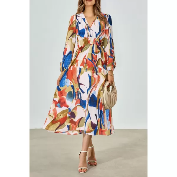 imagePRETTYGARDEN Womens 2023 Fall Boho Maxi Dress Casual Long Sleeve V Neck Printed Beach Long Flowy DressesBlue Watercolour