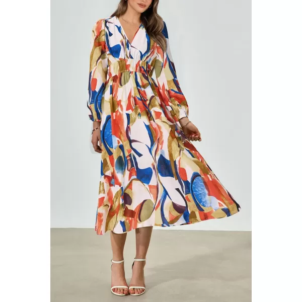 imagePRETTYGARDEN Womens 2023 Fall Boho Maxi Dress Casual Long Sleeve V Neck Printed Beach Long Flowy DressesBlue Watercolour