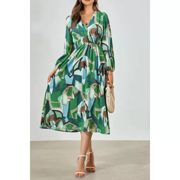 imagePRETTYGARDEN Womens 2023 Fall Boho Maxi Dress Casual Long Sleeve V Neck Printed Beach Long Flowy DressesGreen