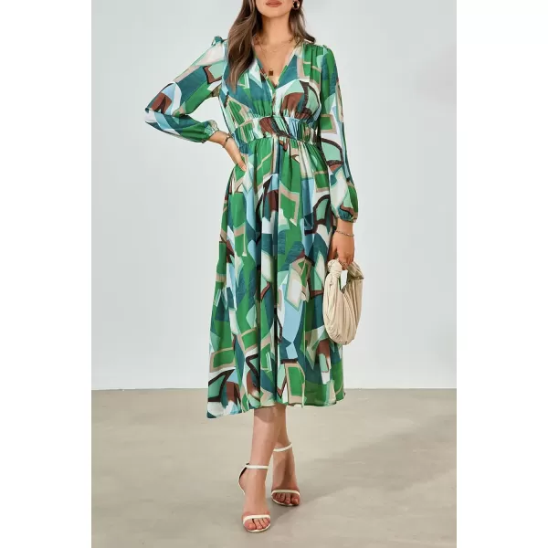 imagePRETTYGARDEN Womens 2023 Fall Boho Maxi Dress Casual Long Sleeve V Neck Printed Beach Long Flowy DressesGreen