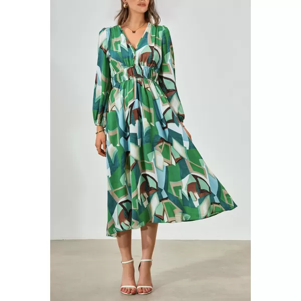 imagePRETTYGARDEN Womens 2023 Fall Boho Maxi Dress Casual Long Sleeve V Neck Printed Beach Long Flowy DressesGreen