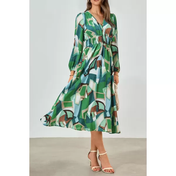 imagePRETTYGARDEN Womens 2023 Fall Boho Maxi Dress Casual Long Sleeve V Neck Printed Beach Long Flowy DressesGreen