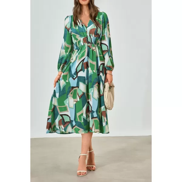 imagePRETTYGARDEN Womens 2023 Fall Boho Maxi Dress Casual Long Sleeve V Neck Printed Beach Long Flowy DressesGreen