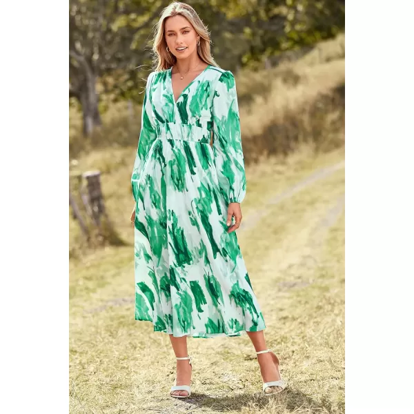 imagePRETTYGARDEN Womens 2023 Fall Boho Maxi Dress Casual Long Sleeve V Neck Printed Beach Long Flowy DressesGreen Watercolour