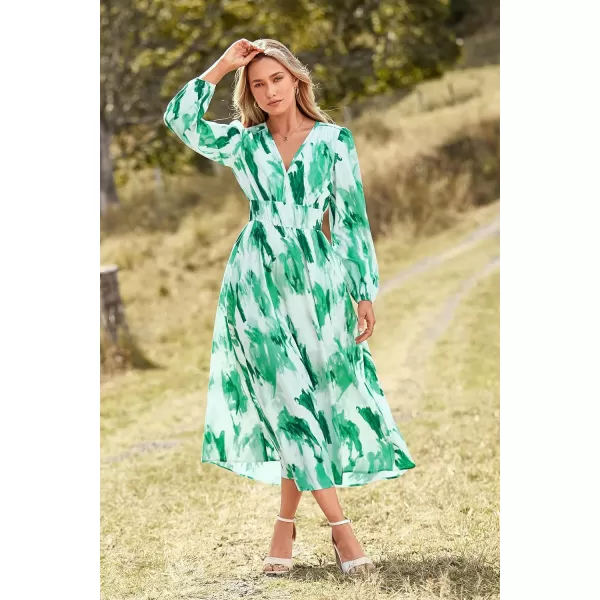 imagePRETTYGARDEN Womens 2023 Fall Boho Maxi Dress Casual Long Sleeve V Neck Printed Beach Long Flowy DressesGreen Watercolour