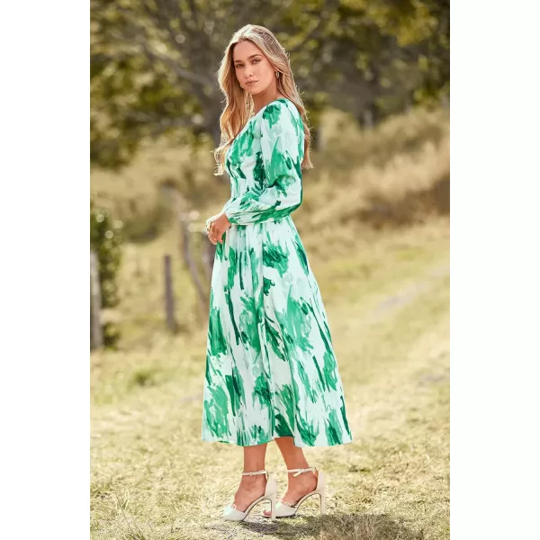 imagePRETTYGARDEN Womens 2023 Fall Boho Maxi Dress Casual Long Sleeve V Neck Printed Beach Long Flowy DressesGreen Watercolour