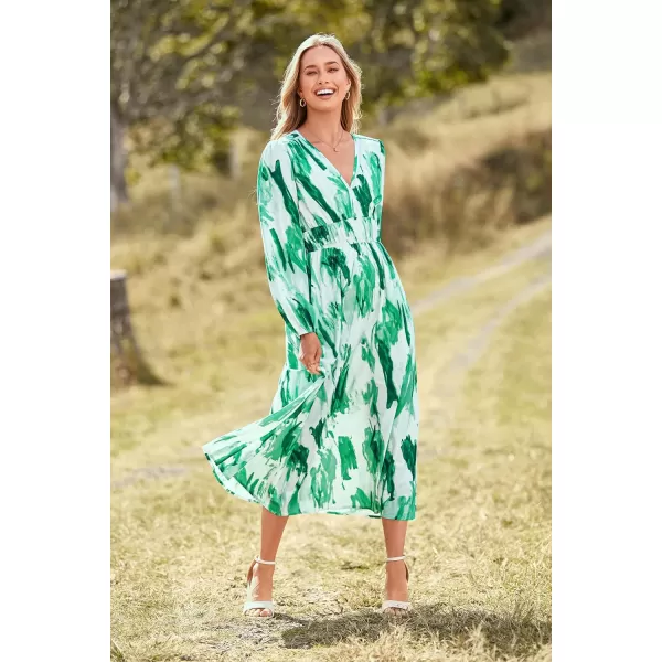 imagePRETTYGARDEN Womens 2023 Fall Boho Maxi Dress Casual Long Sleeve V Neck Printed Beach Long Flowy DressesGreen Watercolour