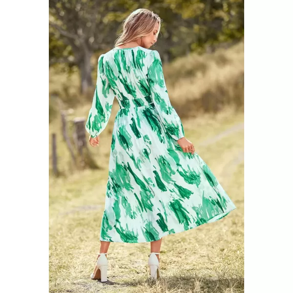 imagePRETTYGARDEN Womens 2023 Fall Boho Maxi Dress Casual Long Sleeve V Neck Printed Beach Long Flowy DressesGreen Watercolour
