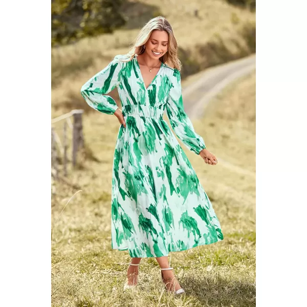imagePRETTYGARDEN Womens 2023 Fall Boho Maxi Dress Casual Long Sleeve V Neck Printed Beach Long Flowy DressesGreen Watercolour