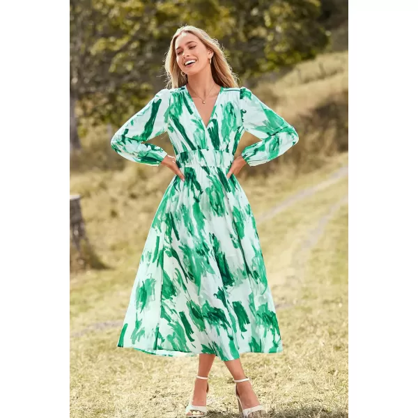 imagePRETTYGARDEN Womens 2023 Fall Boho Maxi Dress Casual Long Sleeve V Neck Printed Beach Long Flowy DressesGreen Watercolour