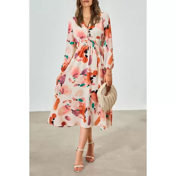 imagePRETTYGARDEN Womens 2023 Fall Boho Maxi Dress Casual Long Sleeve V Neck Printed Beach Long Flowy DressesOrange Watercolour
