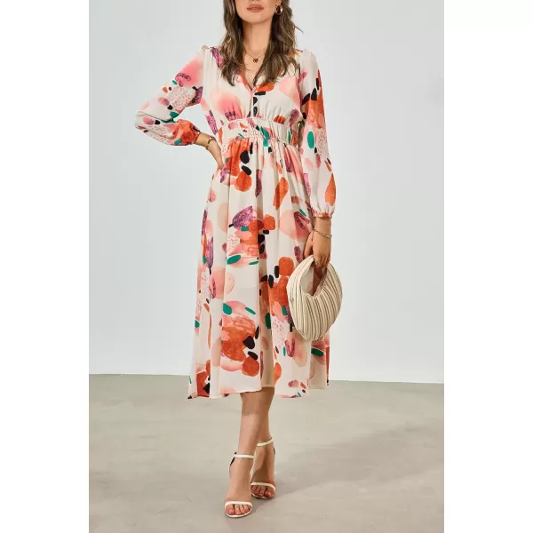 imagePRETTYGARDEN Womens 2023 Fall Boho Maxi Dress Casual Long Sleeve V Neck Printed Beach Long Flowy DressesOrange Watercolour