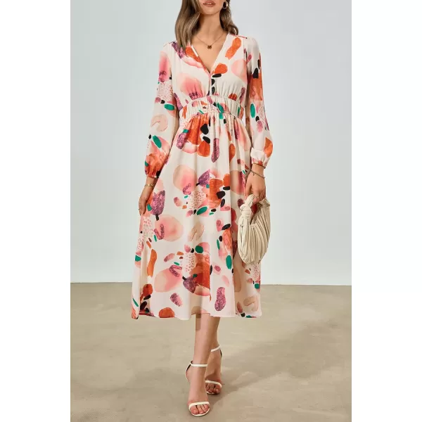 imagePRETTYGARDEN Womens 2023 Fall Boho Maxi Dress Casual Long Sleeve V Neck Printed Beach Long Flowy DressesOrange Watercolour
