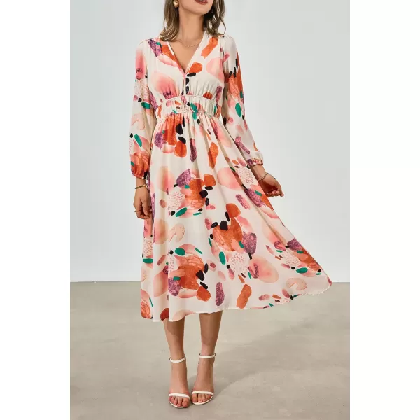 imagePRETTYGARDEN Womens 2023 Fall Boho Maxi Dress Casual Long Sleeve V Neck Printed Beach Long Flowy DressesOrange Watercolour