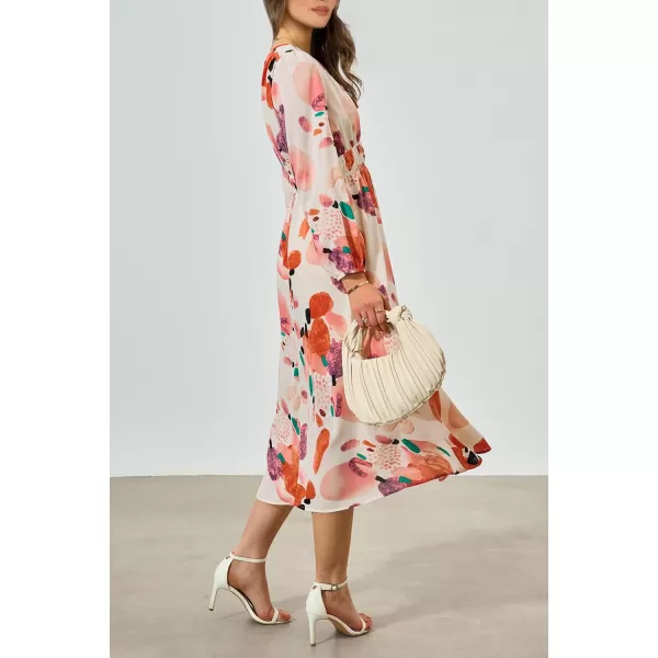 imagePRETTYGARDEN Womens 2023 Fall Boho Maxi Dress Casual Long Sleeve V Neck Printed Beach Long Flowy DressesOrange Watercolour