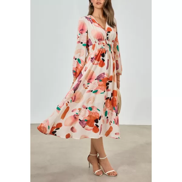 imagePRETTYGARDEN Womens 2023 Fall Boho Maxi Dress Casual Long Sleeve V Neck Printed Beach Long Flowy DressesOrange Watercolour
