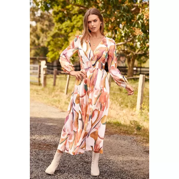 imagePRETTYGARDEN Womens 2023 Fall Boho Maxi Dress Casual Long Sleeve V Neck Printed Beach Long Flowy DressesPink Watercolour