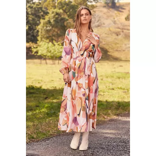 imagePRETTYGARDEN Womens 2023 Fall Boho Maxi Dress Casual Long Sleeve V Neck Printed Beach Long Flowy DressesPink Watercolour