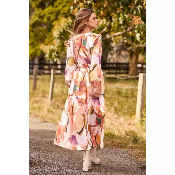 imagePRETTYGARDEN Womens 2023 Fall Boho Maxi Dress Casual Long Sleeve V Neck Printed Beach Long Flowy DressesPink Watercolour