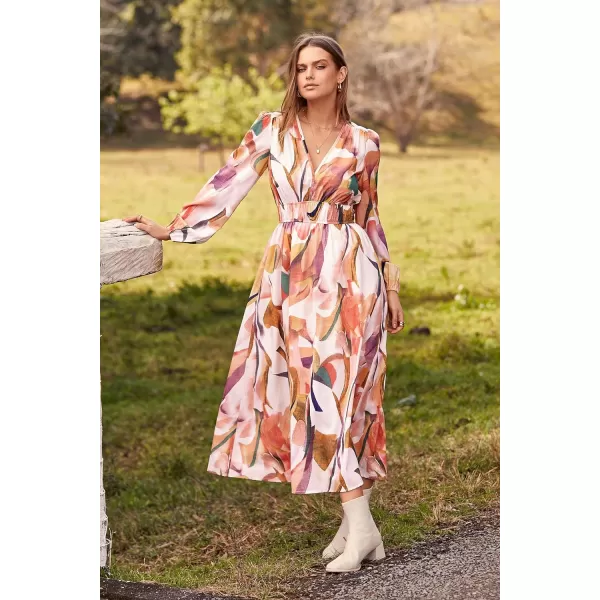 imagePRETTYGARDEN Womens 2023 Fall Boho Maxi Dress Casual Long Sleeve V Neck Printed Beach Long Flowy DressesPink Watercolour