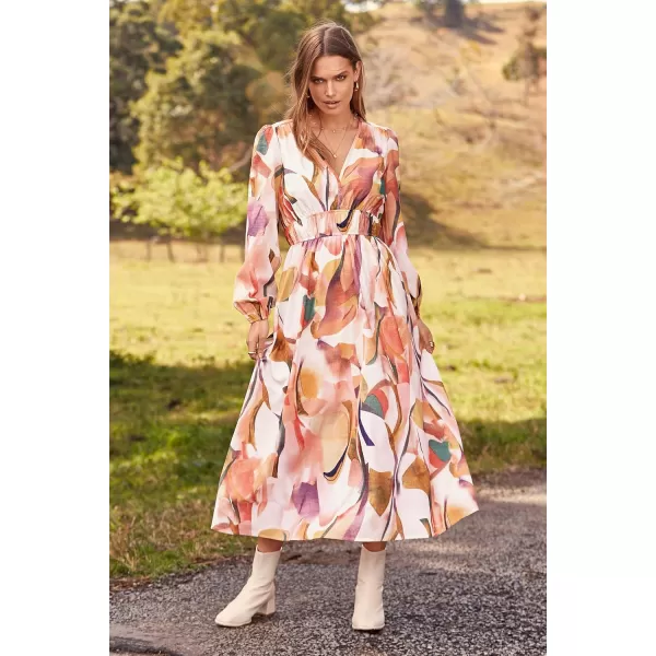 imagePRETTYGARDEN Womens 2023 Fall Boho Maxi Dress Casual Long Sleeve V Neck Printed Beach Long Flowy DressesPink Watercolour