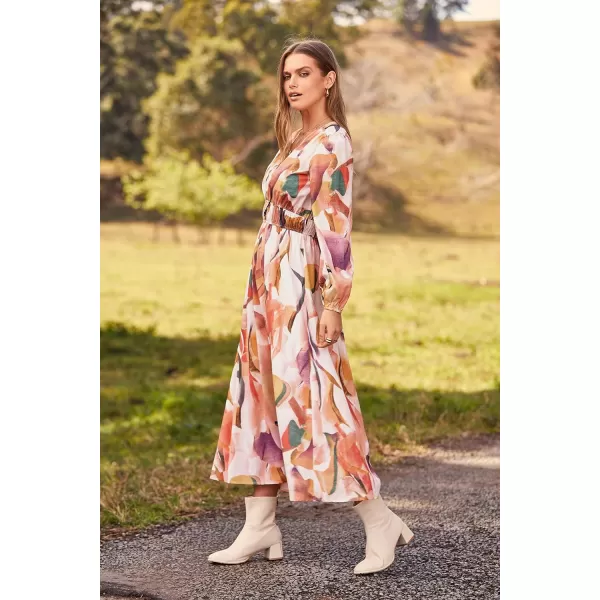 imagePRETTYGARDEN Womens 2023 Fall Boho Maxi Dress Casual Long Sleeve V Neck Printed Beach Long Flowy DressesPink Watercolour