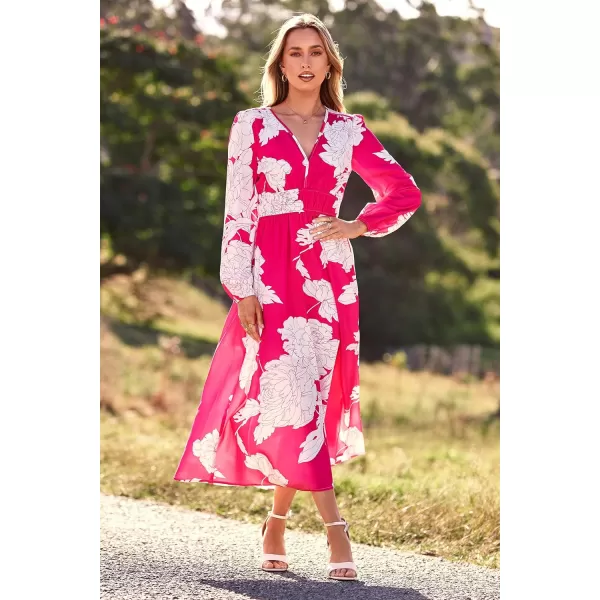 imagePRETTYGARDEN Womens 2023 Fall Boho Maxi Dress Casual Long Sleeve V Neck Printed Beach Long Flowy DressesRose Red Floral