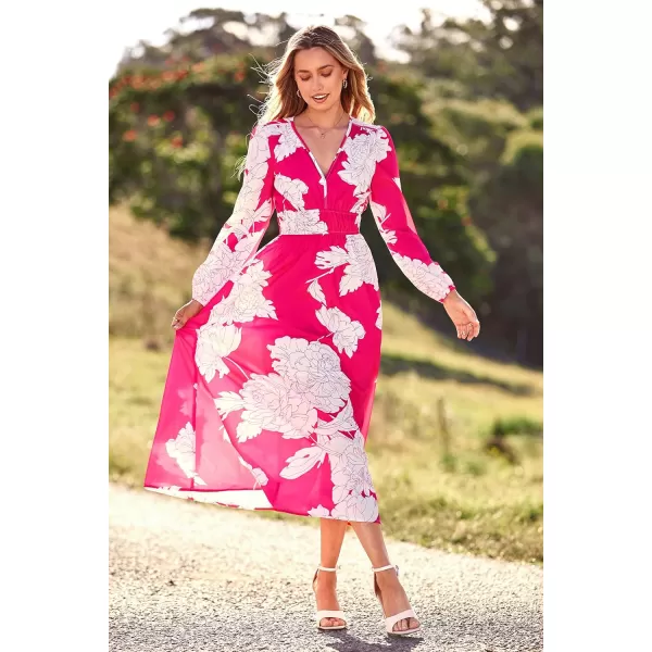 imagePRETTYGARDEN Womens 2023 Fall Boho Maxi Dress Casual Long Sleeve V Neck Printed Beach Long Flowy DressesRose Red Floral