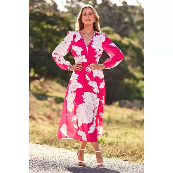 imagePRETTYGARDEN Womens 2023 Fall Boho Maxi Dress Casual Long Sleeve V Neck Printed Beach Long Flowy DressesRose Red Floral