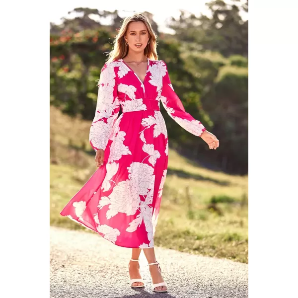 imagePRETTYGARDEN Womens 2023 Fall Boho Maxi Dress Casual Long Sleeve V Neck Printed Beach Long Flowy DressesRose Red Floral