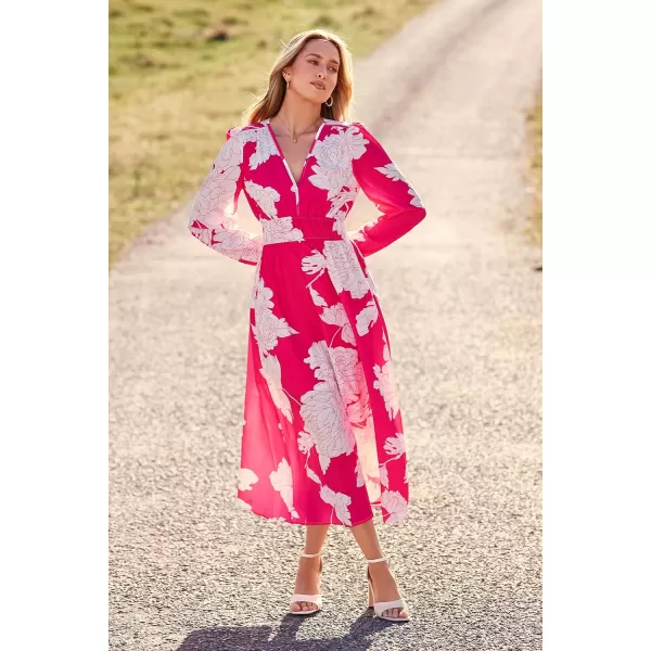 imagePRETTYGARDEN Womens 2023 Fall Boho Maxi Dress Casual Long Sleeve V Neck Printed Beach Long Flowy DressesRose Red Floral