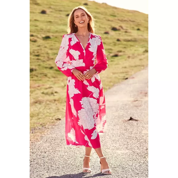 imagePRETTYGARDEN Womens 2023 Fall Boho Maxi Dress Casual Long Sleeve V Neck Printed Beach Long Flowy DressesRose Red Floral