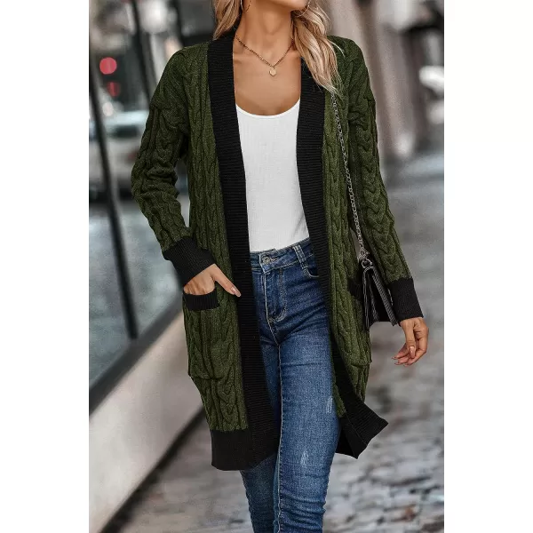 imagePRETTYGARDEN Womens 2023 Fall Cable Knit Cardigan Sweaters Casual Long Sleeve Open Front Loose Outerwear CoatsArmy Green