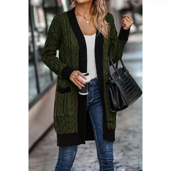 imagePRETTYGARDEN Womens 2023 Fall Cable Knit Cardigan Sweaters Casual Long Sleeve Open Front Loose Outerwear CoatsArmy Green
