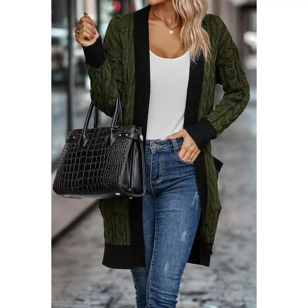 imagePRETTYGARDEN Womens 2023 Fall Cable Knit Cardigan Sweaters Casual Long Sleeve Open Front Loose Outerwear CoatsArmy Green