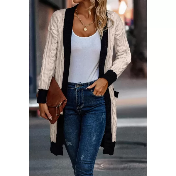 imagePRETTYGARDEN Womens 2023 Fall Cable Knit Cardigan Sweaters Casual Long Sleeve Open Front Loose Outerwear CoatsBeige